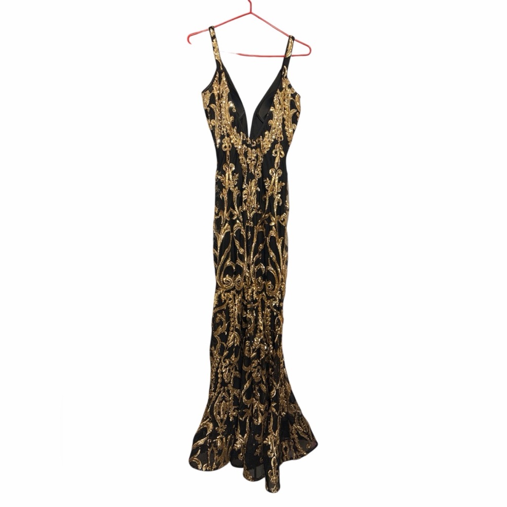 Jovani Black & Gold Sequin Plunging Neckline Fitted Gown Size 4 Prom Formal - Picture 4 of 11